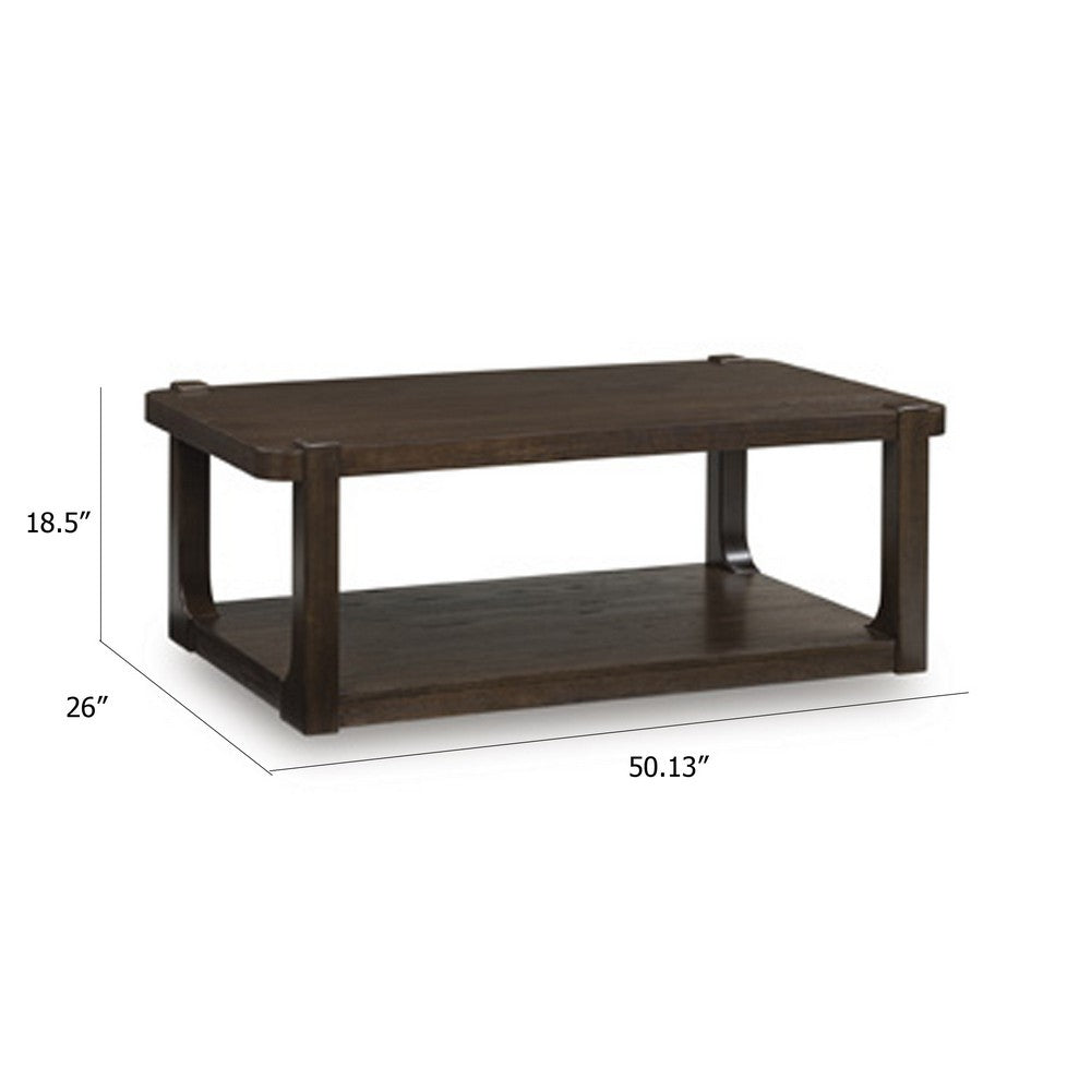 Benjara Kemu Coffee Table, 50 Inch Rectangular Top w Lower Shelf, Dark Brown