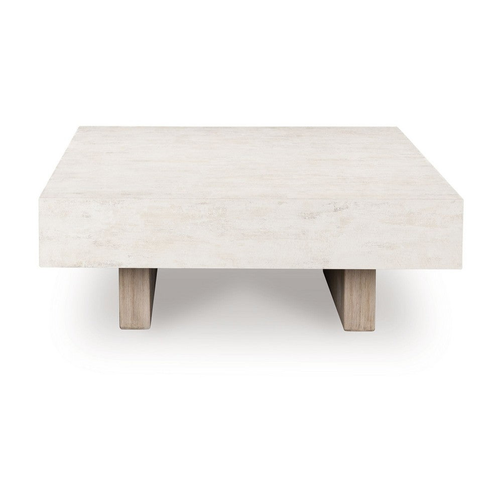 Benjara Laina Coffee Table, 42 Inch Square Top, Wide Panel Legs, Grayish Brown