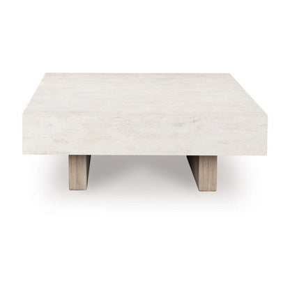 Benjara Laina Coffee Table, 42 Inch Square Top, Wide Panel Legs, Grayish Brown
