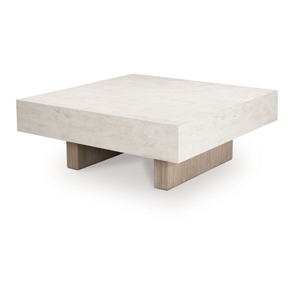 Benjara Laina Coffee Table, 42 Inch Square Top, Wide Panel Legs, Grayish Brown