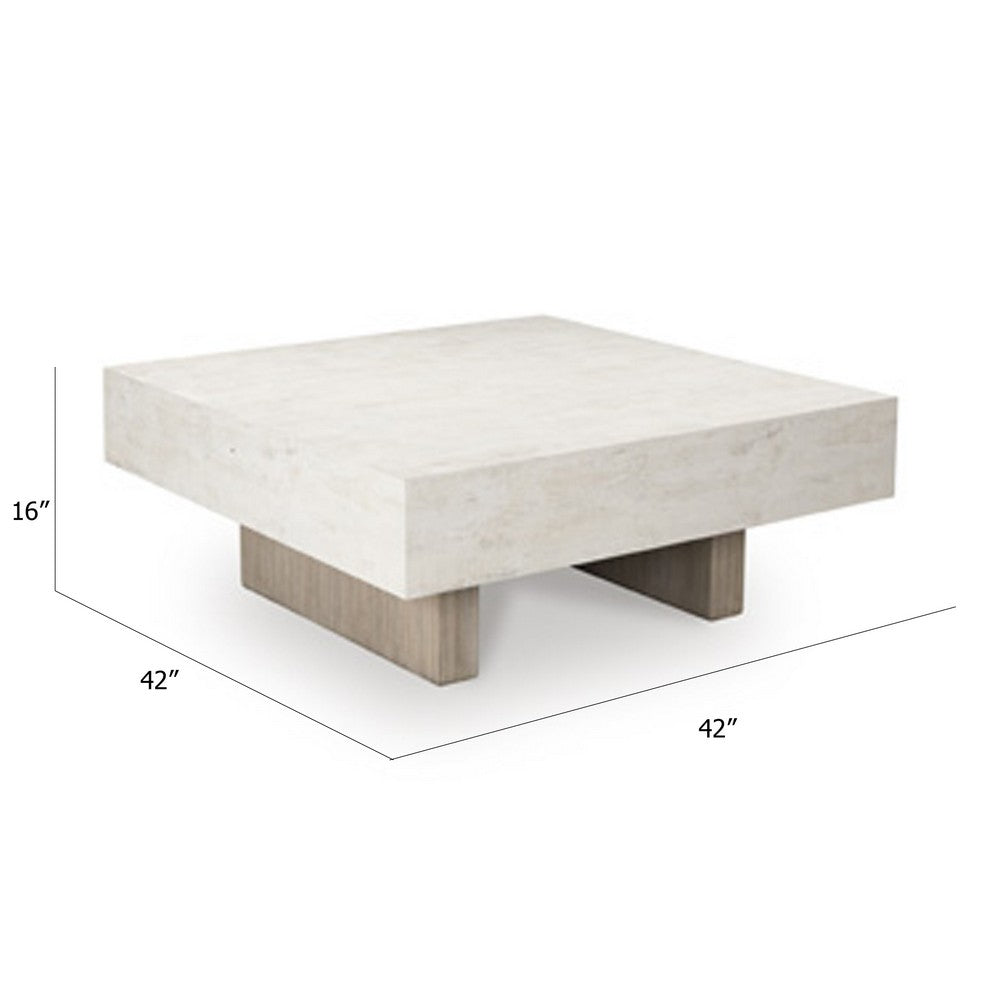 Benjara Laina Coffee Table, 42 Inch Square Top, Wide Panel Legs, Grayish Brown