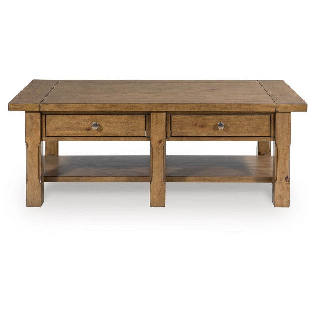 Benjara Vory Coffee Table, 54 Inch Top w 2 Drawers, Lower Shelf, Medium Brown