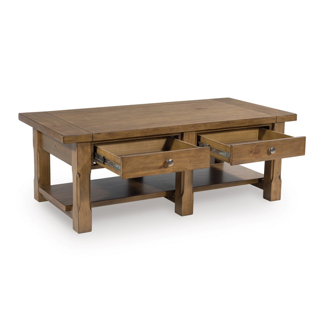 Benjara Vory Coffee Table, 54 Inch Top w 2 Drawers, Lower Shelf, Medium Brown