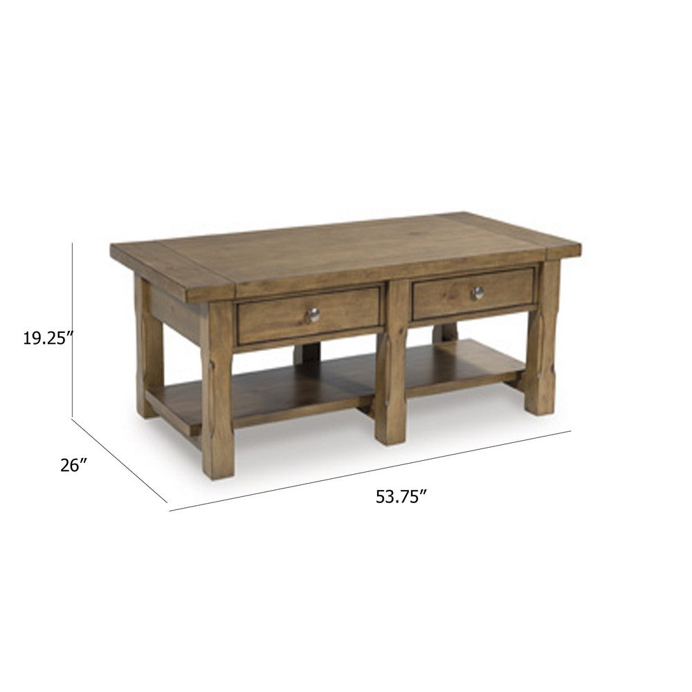 Benjara Vory Coffee Table, 54 Inch Top w 2 Drawers, Lower Shelf, Medium Brown
