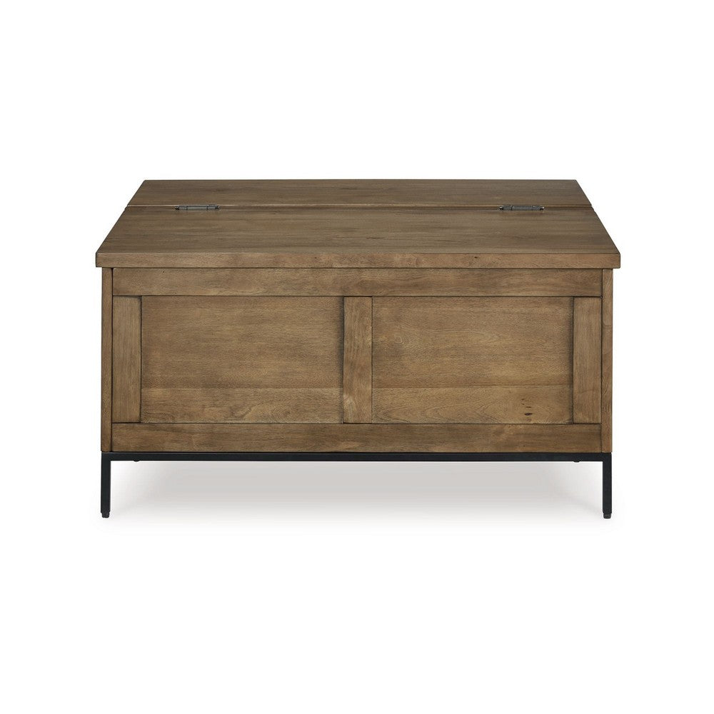 Benjara Tory Coffee Table, 36 Inch Square Brown Lift Top, Black Steel Legs