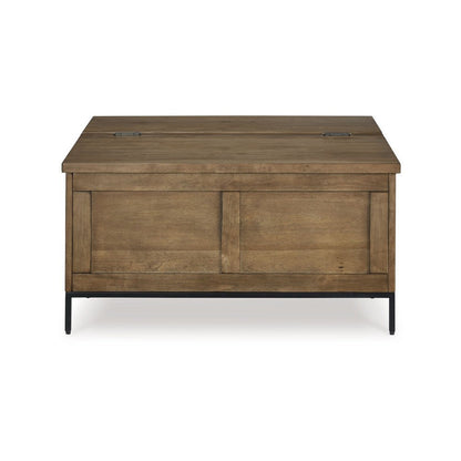 Benjara Tory Coffee Table, 36 Inch Square Brown Lift Top, Black Steel Legs