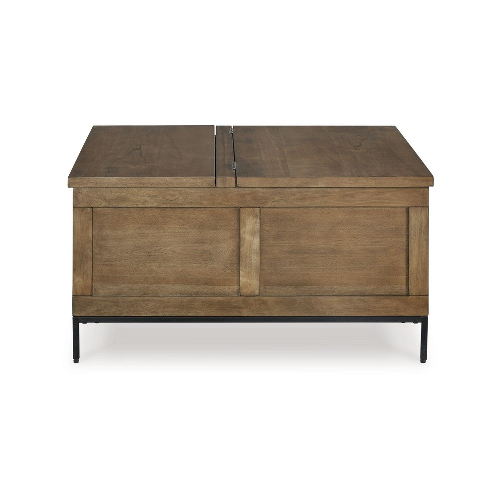 Benjara Tory Coffee Table, 36 Inch Square Brown Lift Top, Black Steel Legs