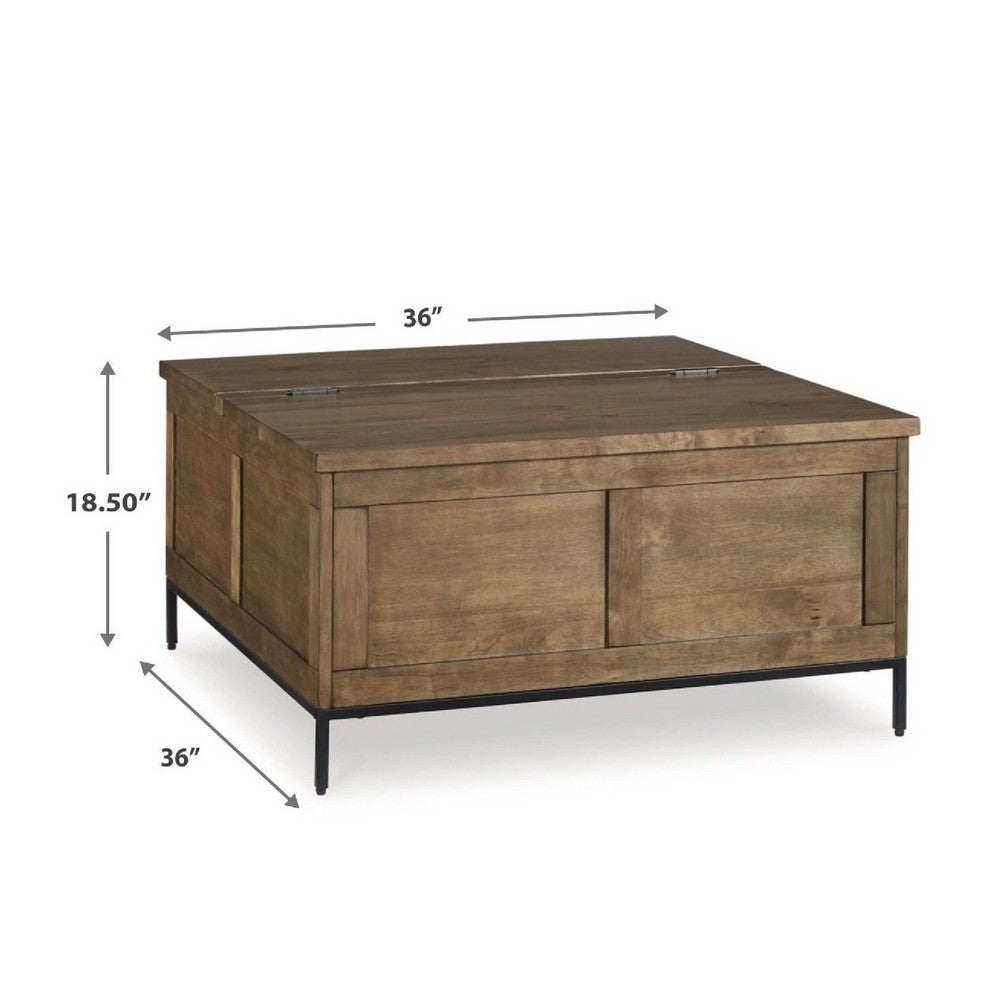 Benjara Tory Coffee Table, 36 Inch Square Brown Lift Top, Black Steel Legs