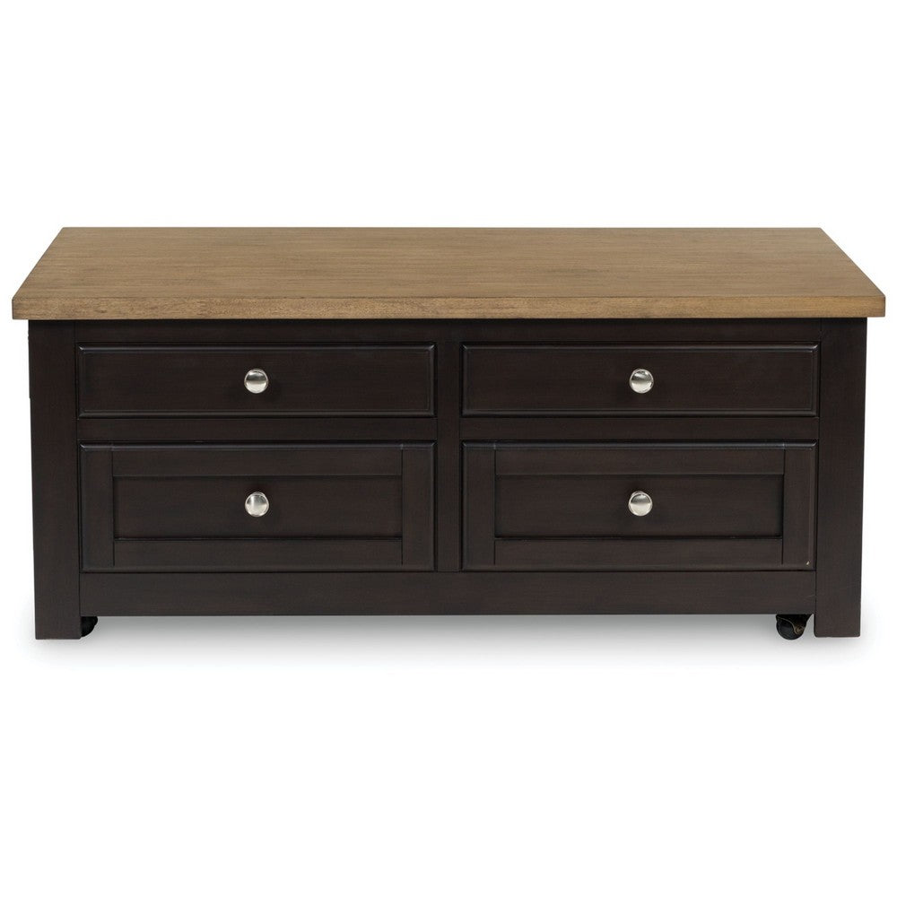 Benjara Zory Coffee Table, 46 Inch Rectangular Lift Top, 4 Drawers, Brown