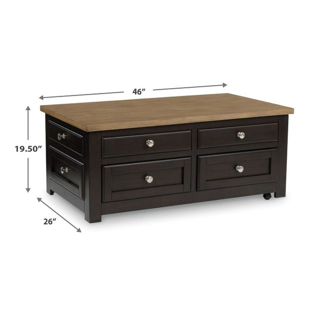 Benjara Zory Coffee Table, 46 Inch Rectangular Lift Top, 4 Drawers, Brown