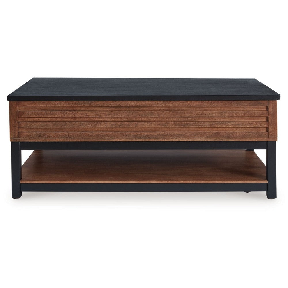 Benjara Kely Coffee Table, 48 Inch Rectangular Lift Top, Lower Shelf, Brown