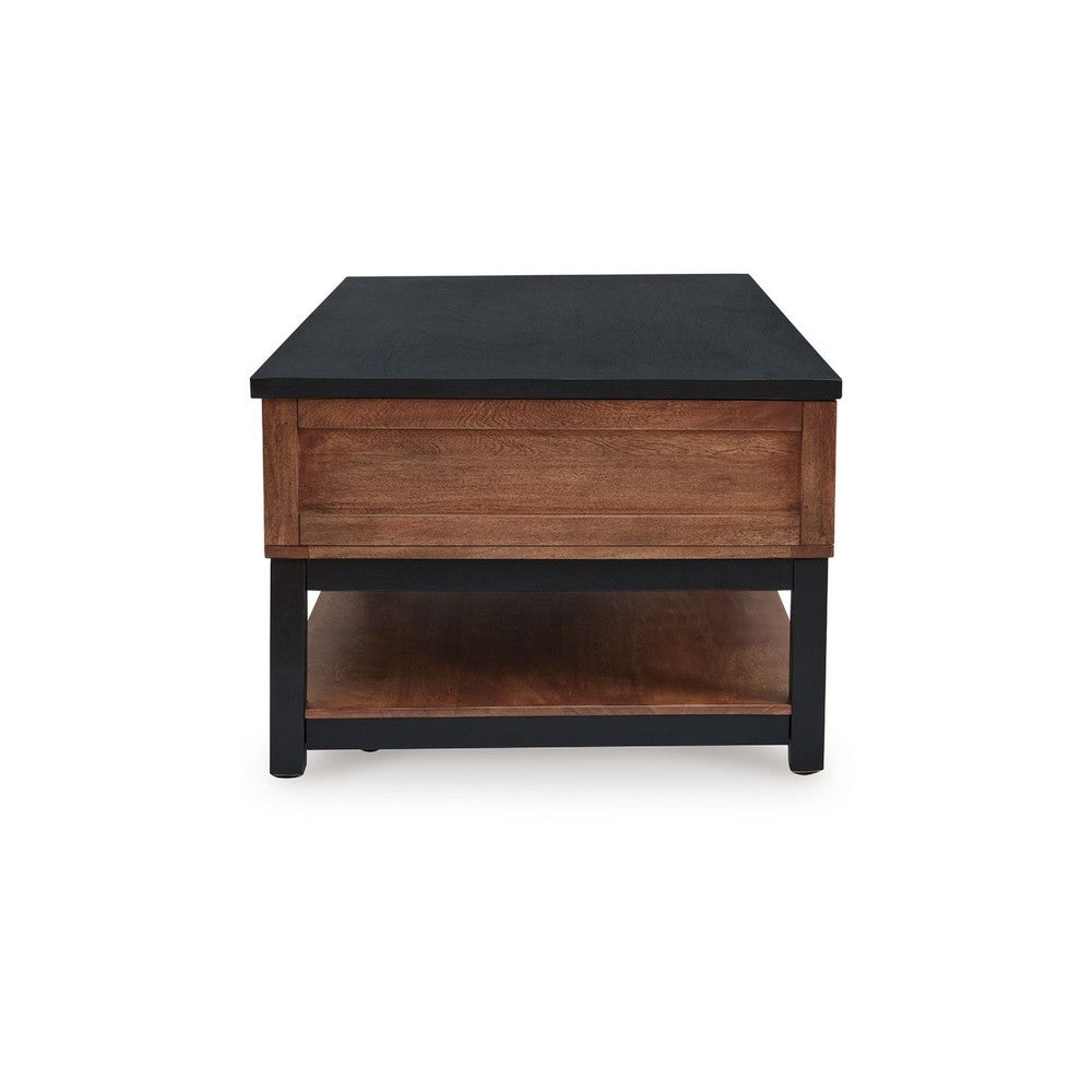 Benjara Kely Coffee Table, 48 Inch Rectangular Lift Top, Lower Shelf, Brown