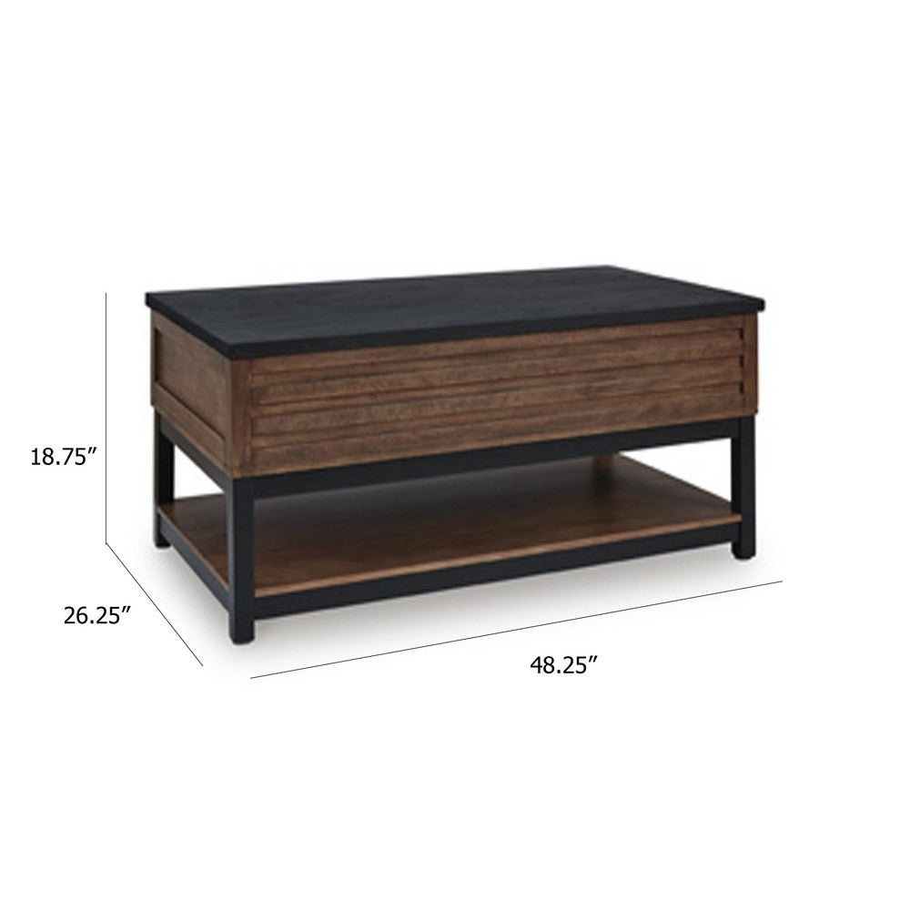 Benjara Kely Coffee Table, 48 Inch Rectangular Lift Top, Lower Shelf, Brown