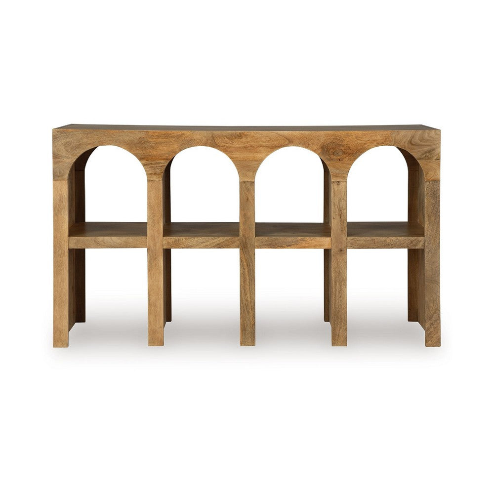 Benjara Soi Sofa Console Table, 52 Inch Arch Design, 4 Shelves, Natural Brown
