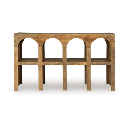 Benjara Soi Sofa Console Table, 52 Inch Arch Design, 4 Shelves, Natural Brown