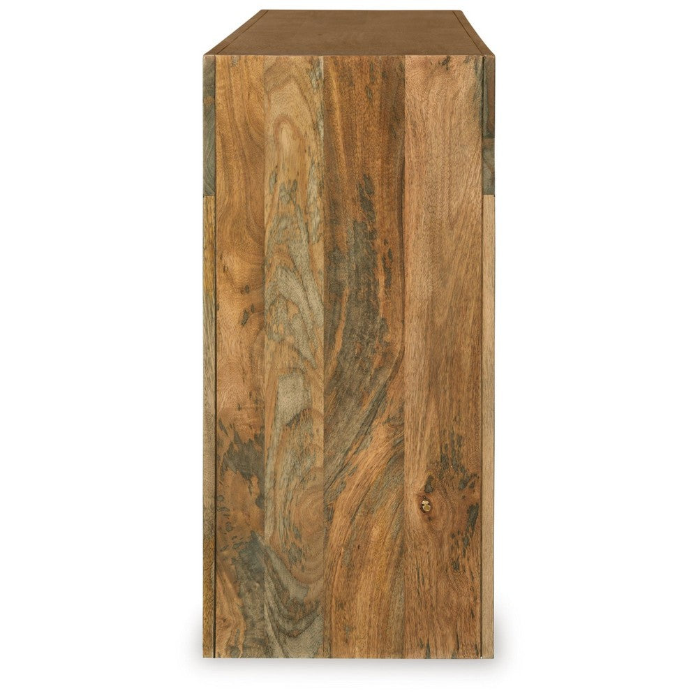 Benjara Soi Sofa Console Table, 52 Inch Arch Design, 4 Shelves, Natural Brown