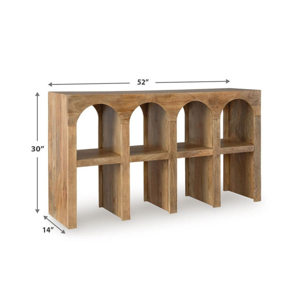 Benjara Soi Sofa Console Table, 52 Inch Arch Design, 4 Shelves, Natural Brown