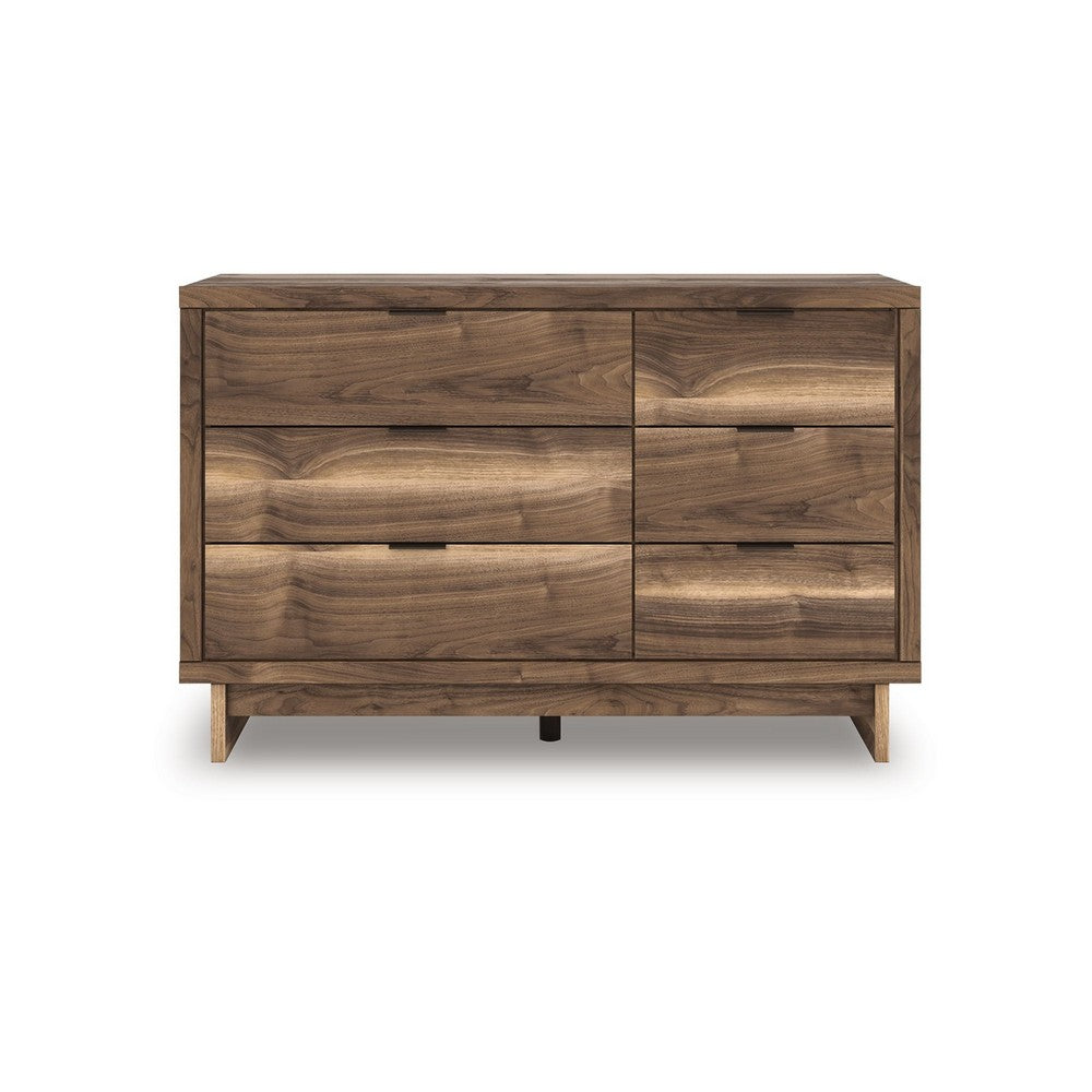 Benjara Lina 6 Drawer Wide Dresser, Integrated Handles, 51 Inch Rustic Walnut Brown