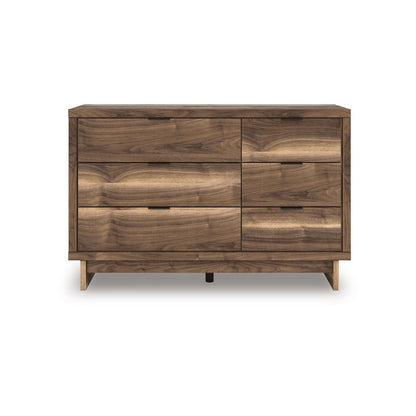 Benjara Lina 6 Drawer Wide Dresser, Integrated Handles, 51 Inch Rustic Walnut Brown