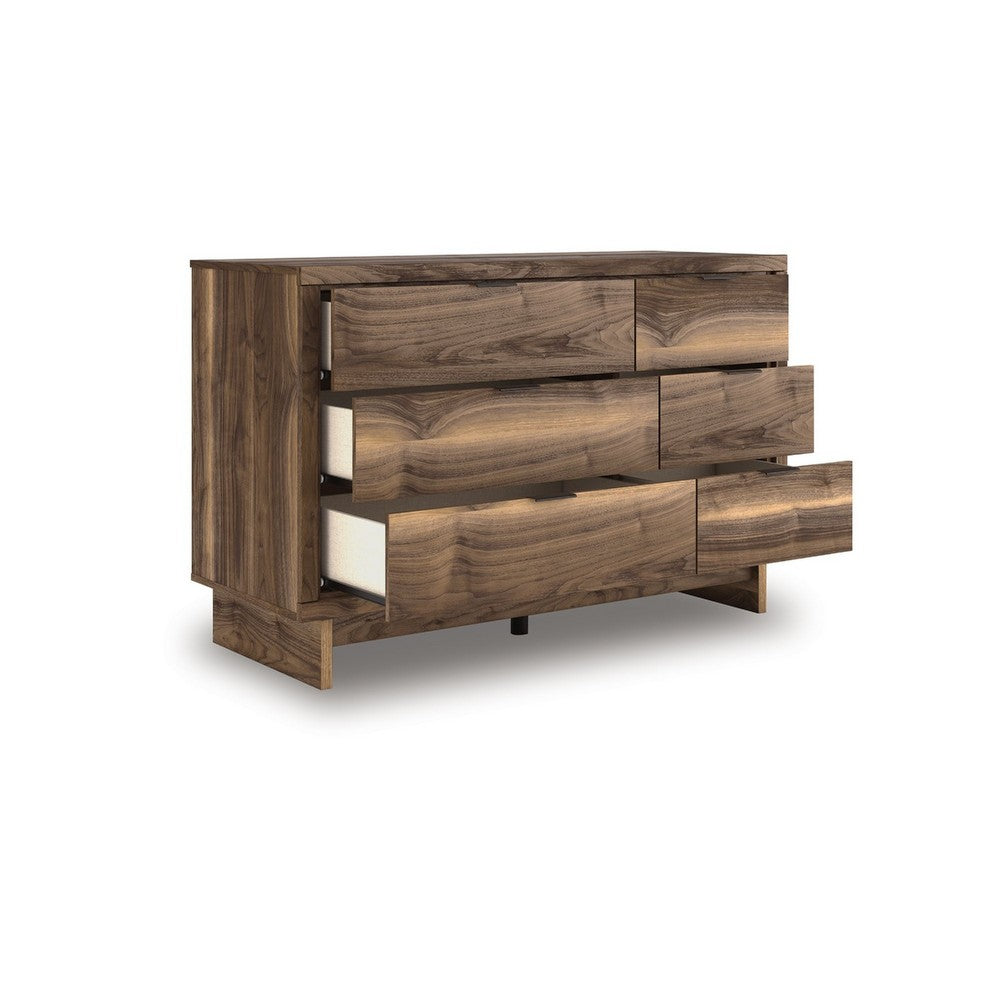Benjara Lina 6 Drawer Wide Dresser, Integrated Handles, 51 Inch Rustic Walnut Brown