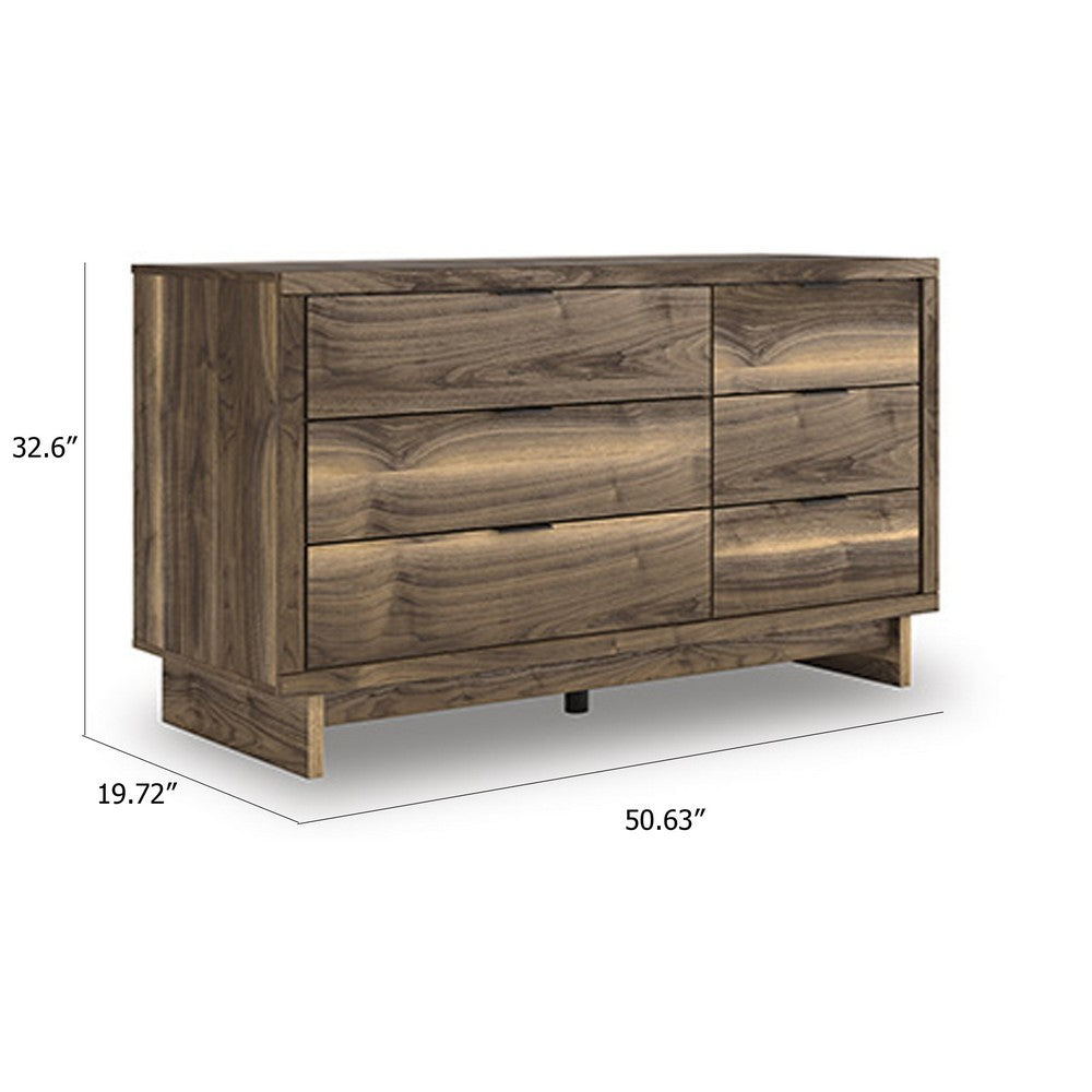 Benjara Lina 6 Drawer Wide Dresser, Integrated Handles, 51 Inch Rustic Walnut Brown