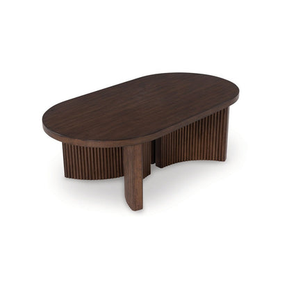 Benjara Jeno Coffee Table, 51 Inch Oval, 4 Curved Reeded Plinth Bases, Brown Wood