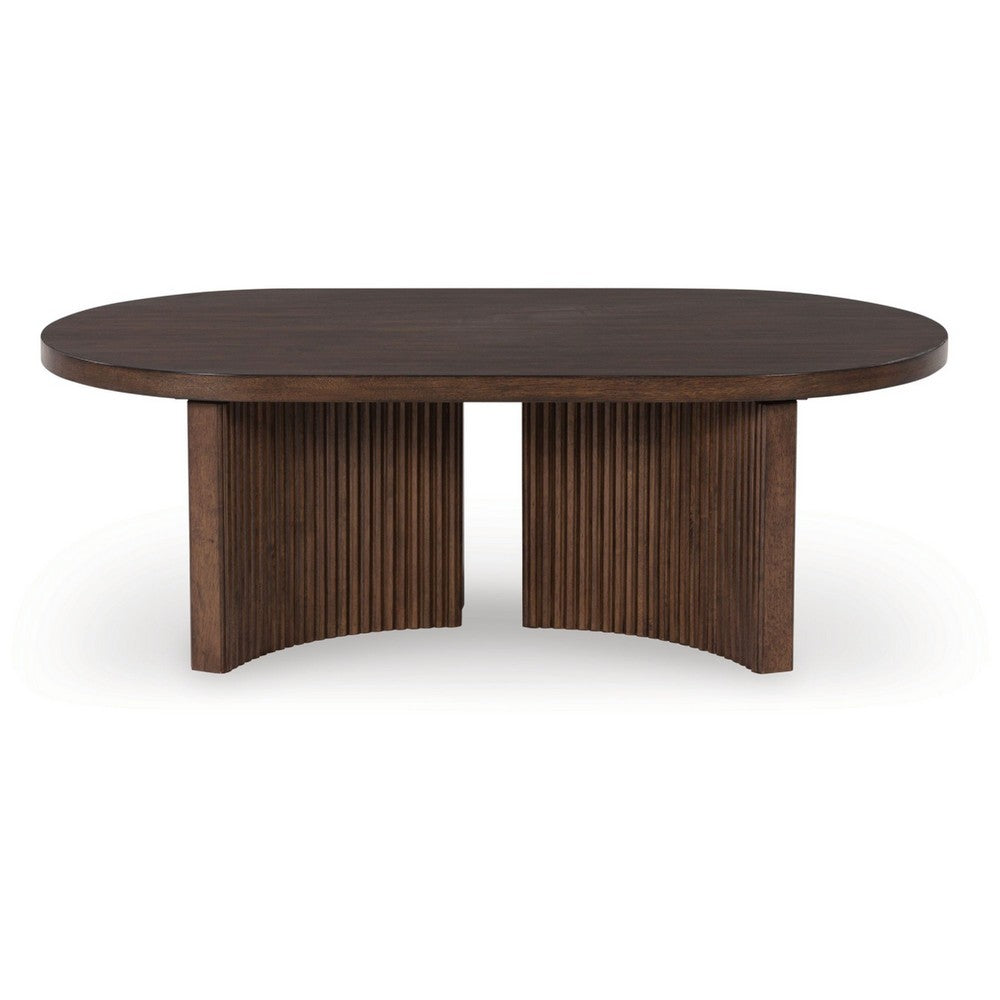 Benjara Jeno Coffee Table, 51 Inch Oval, 4 Curved Reeded Plinth Bases, Brown Wood