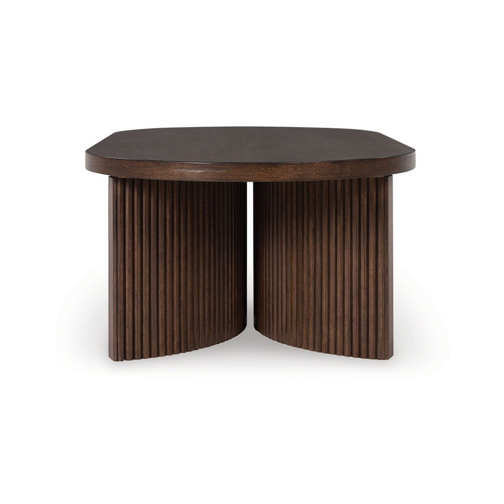 Benjara Jeno Coffee Table, 51 Inch Oval, 4 Curved Reeded Plinth Bases, Brown Wood