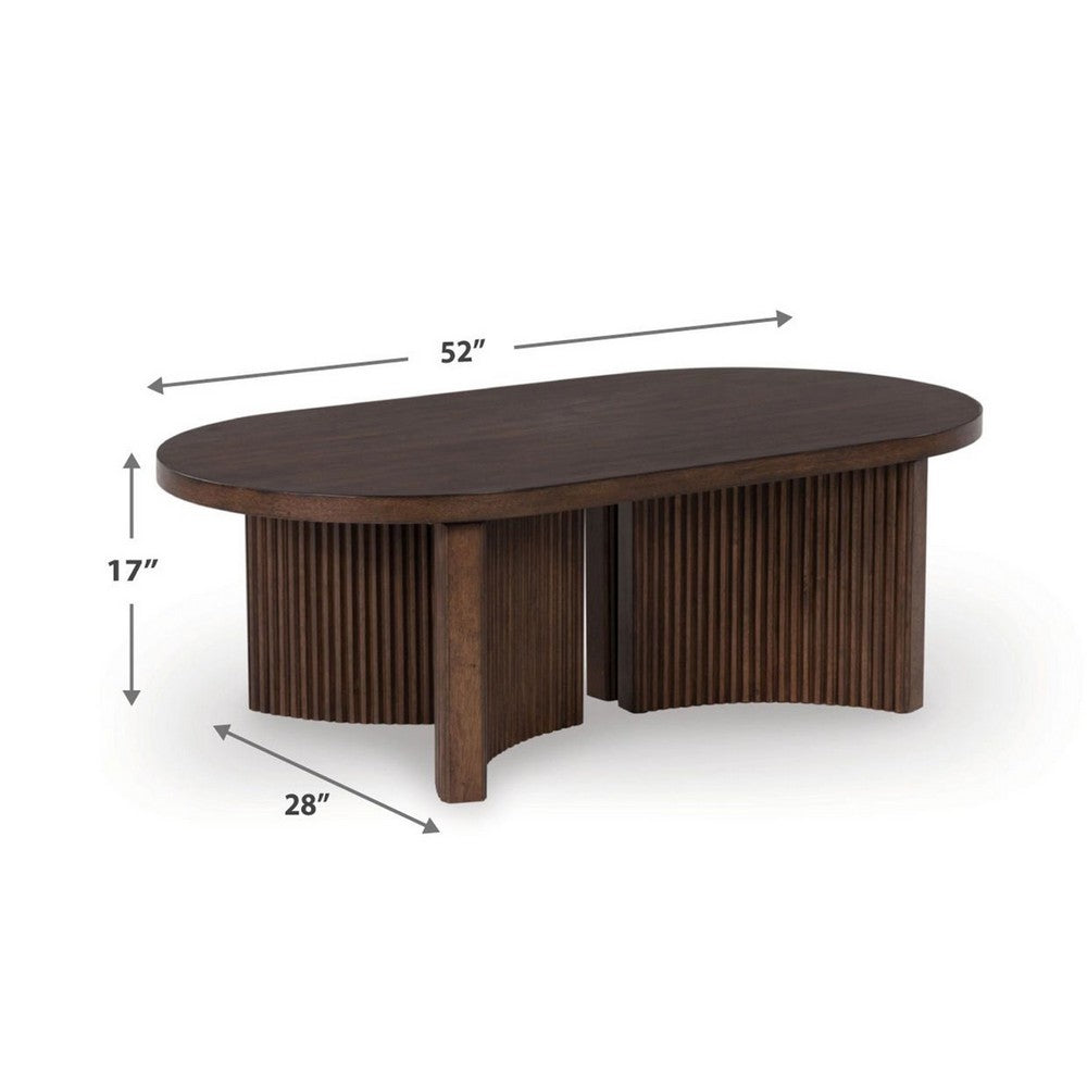 Benjara Jeno Coffee Table, 51 Inch Oval, 4 Curved Reeded Plinth Bases, Brown Wood