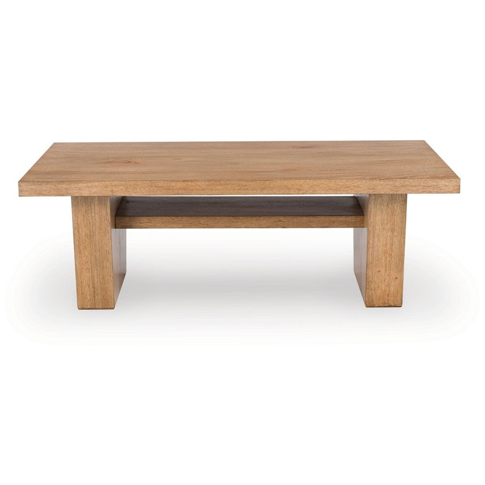 Benjara Kris Coffee Table, 55 Inch Rectangular, Tapered Legs, Light Brown