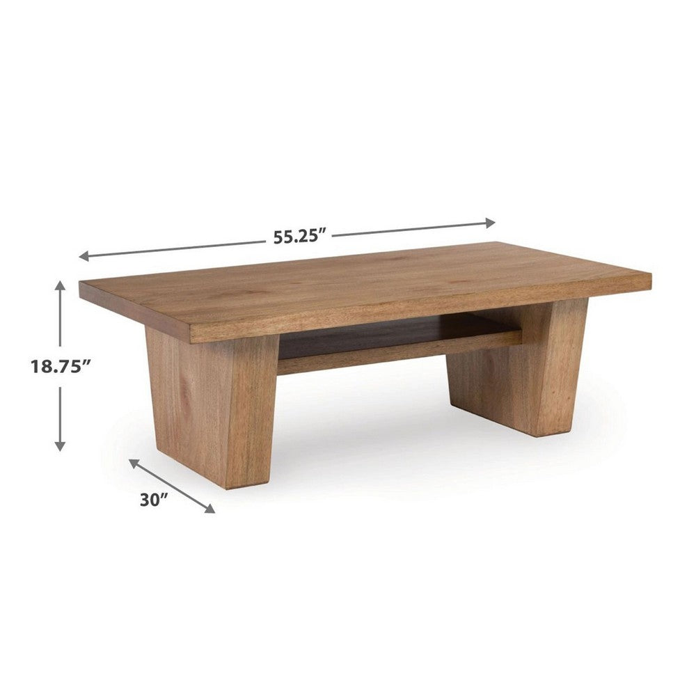 Benjara Kris Coffee Table, 55 Inch Rectangular, Tapered Legs, Light Brown