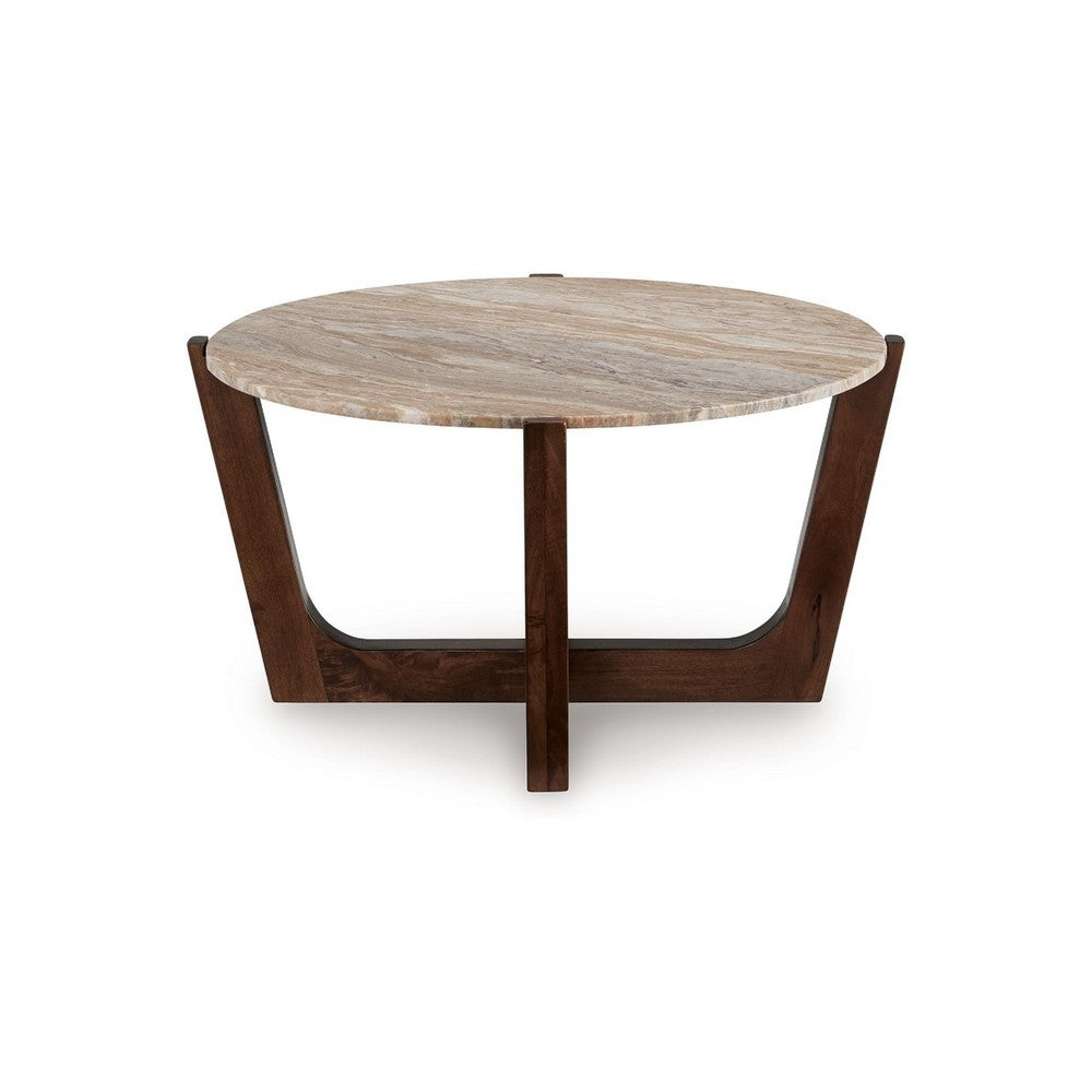 Benjara Dore Coffee Table, 36 Inch Round Marble Top, Angled Legs, Brown Wood
