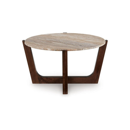 Benjara Dore Coffee Table, 36 Inch Round Marble Top, Angled Legs, Brown Wood