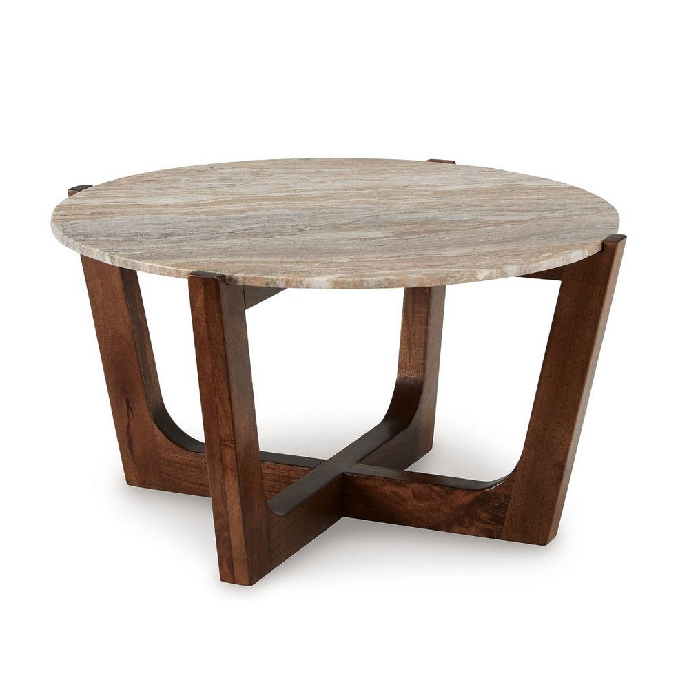 Benjara Dore Coffee Table, 36 Inch Round Marble Top, Angled Legs, Brown Wood