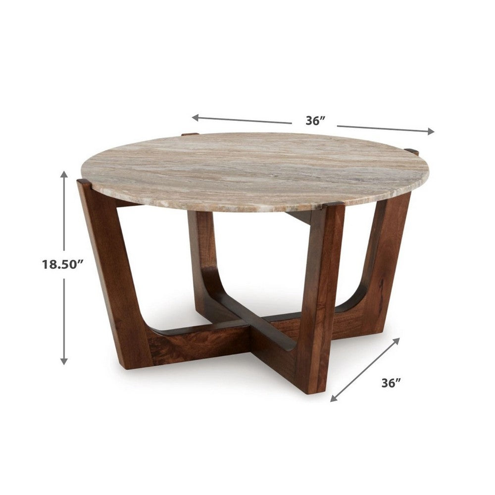 Benjara Dore Coffee Table, 36 Inch Round Marble Top, Angled Legs, Brown Wood