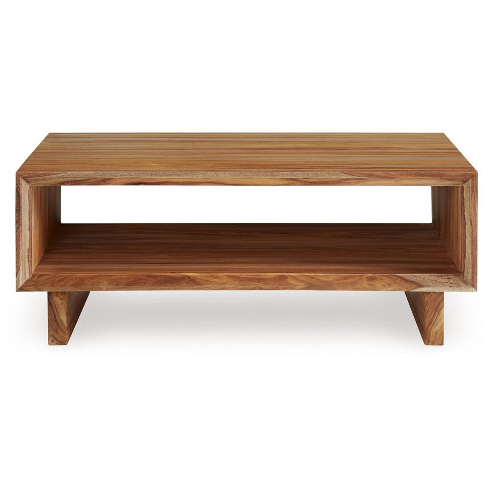 Benjara Donni Coffee Table with Shelf, 46 Inch Rectangular, Panel Legs, Brown Wood