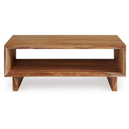 Benjara Donni Coffee Table with Shelf, 46 Inch Rectangular, Panel Legs, Brown Wood