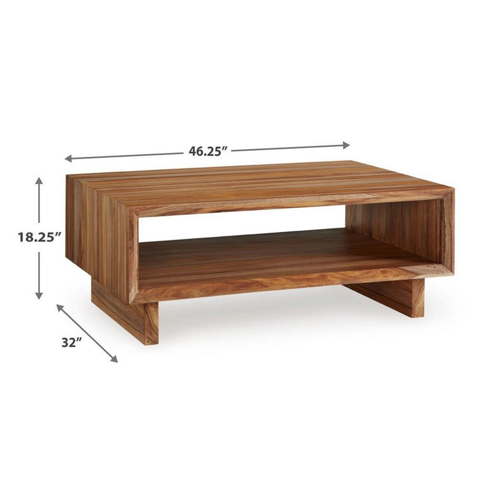 Benjara Donni Coffee Table with Shelf, 46 Inch Rectangular, Panel Legs, Brown Wood