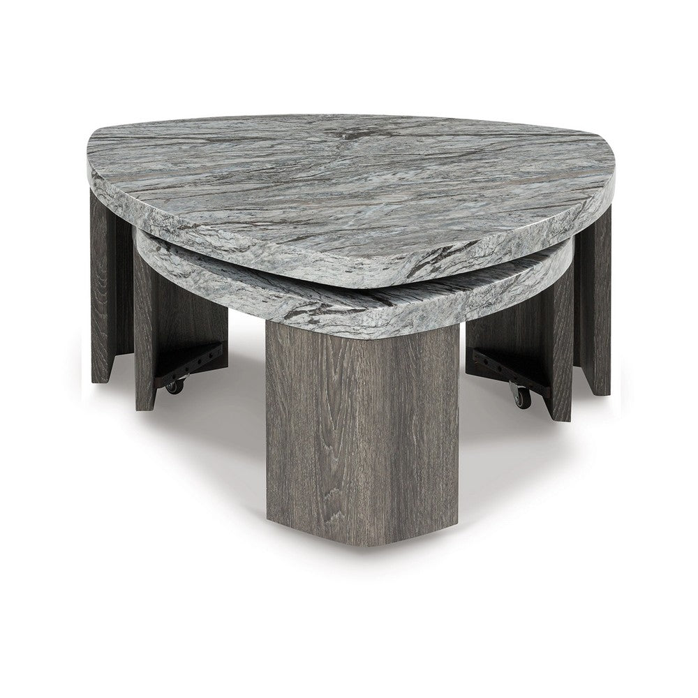 Benjara Morey Nesting Stacked Coffee Table Set, Gray Faux Marble, Cantilever