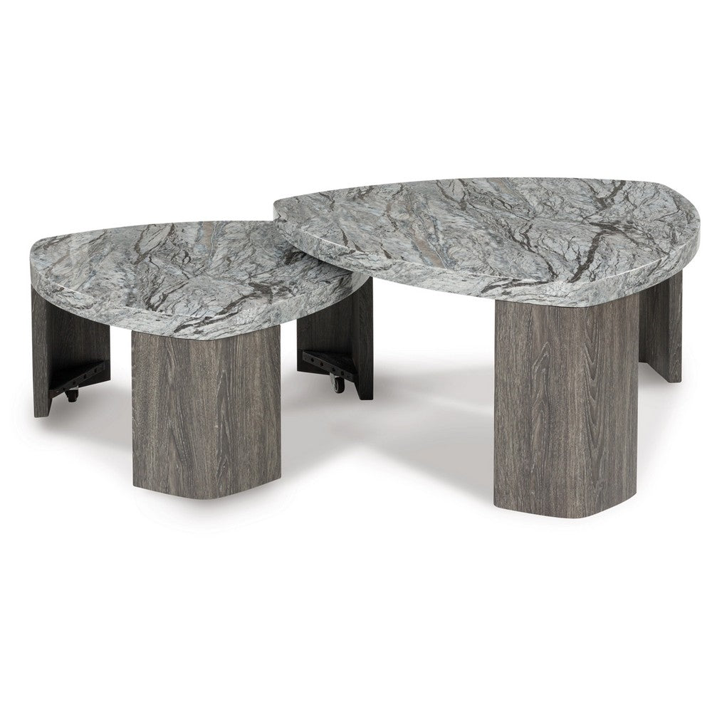 Benjara Morey Nesting Stacked Coffee Table Set, Gray Faux Marble, Cantilever