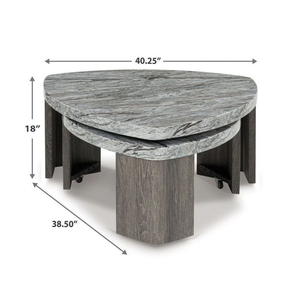Benjara Morey Nesting Stacked Coffee Table Set, Gray Faux Marble, Cantilever