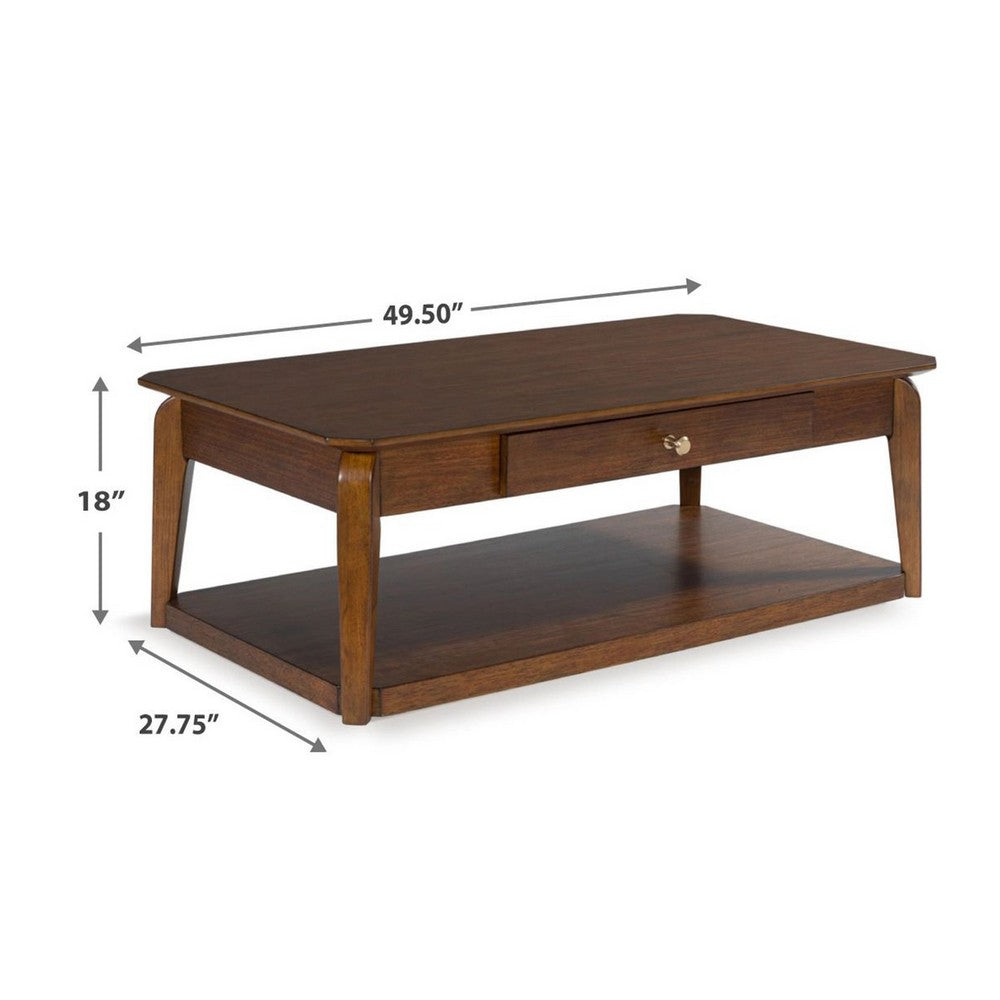 Benjara Mour Coffee Table with Casters And Drawer, 50 Inch Rectangular, Brown