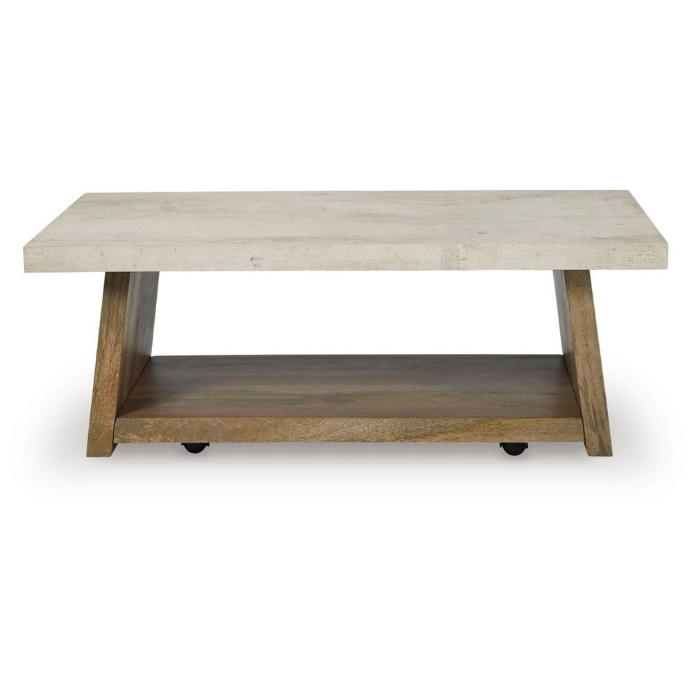 Benjara Beda Coffee Table with Casters, Shelf, 48 Inch Rectangular, Brown Wood