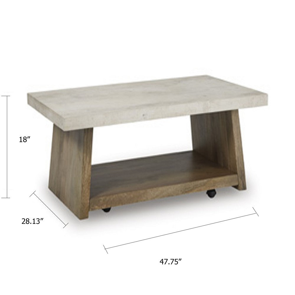 Benjara Beda Coffee Table with Casters, Shelf, 48 Inch Rectangular, Brown Wood