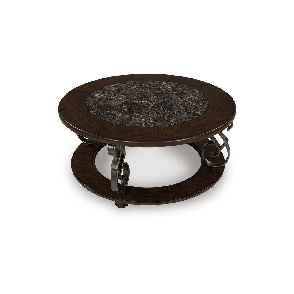 Benjara Falu Coffee Table, 42 Inch Round Faux Marble Top, Classic Scrolled, Brown