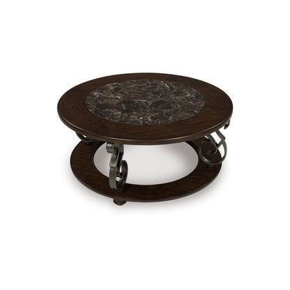 Benjara Falu Coffee Table, 42 Inch Round Faux Marble Top, Classic Scrolled, Brown