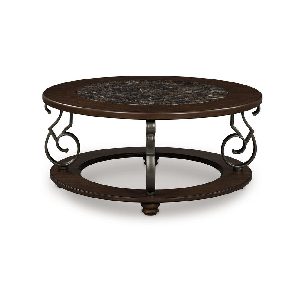 Benjara Falu Coffee Table, 42 Inch Round Faux Marble Top, Classic Scrolled, Brown