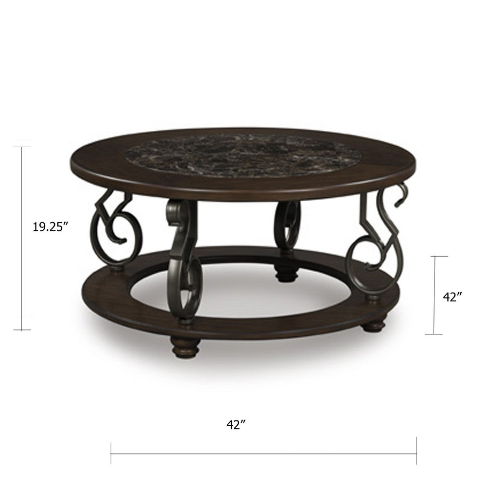 Benjara Falu Coffee Table, 42 Inch Round Faux Marble Top, Classic Scrolled, Brown
