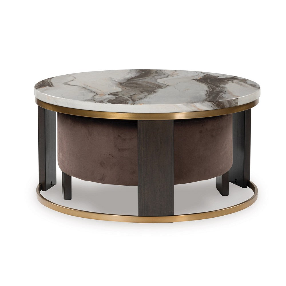 Benjara Poim 2pc Nesting Coffee Table And Ottoman Set, White Marble, Brown Velvet