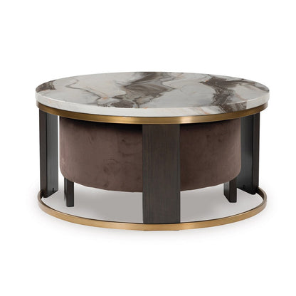Benjara Poim 2pc Nesting Coffee Table And Ottoman Set, White Marble, Brown Velvet